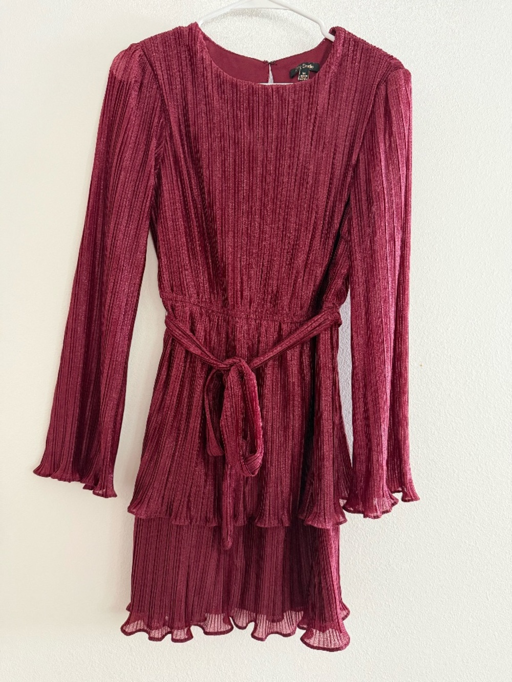 City Studio Burgundy Pleated Long-Sleeve Dress